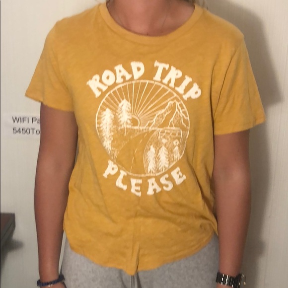 blank paige Tops - Mustard T shirt that says “ road trip please”